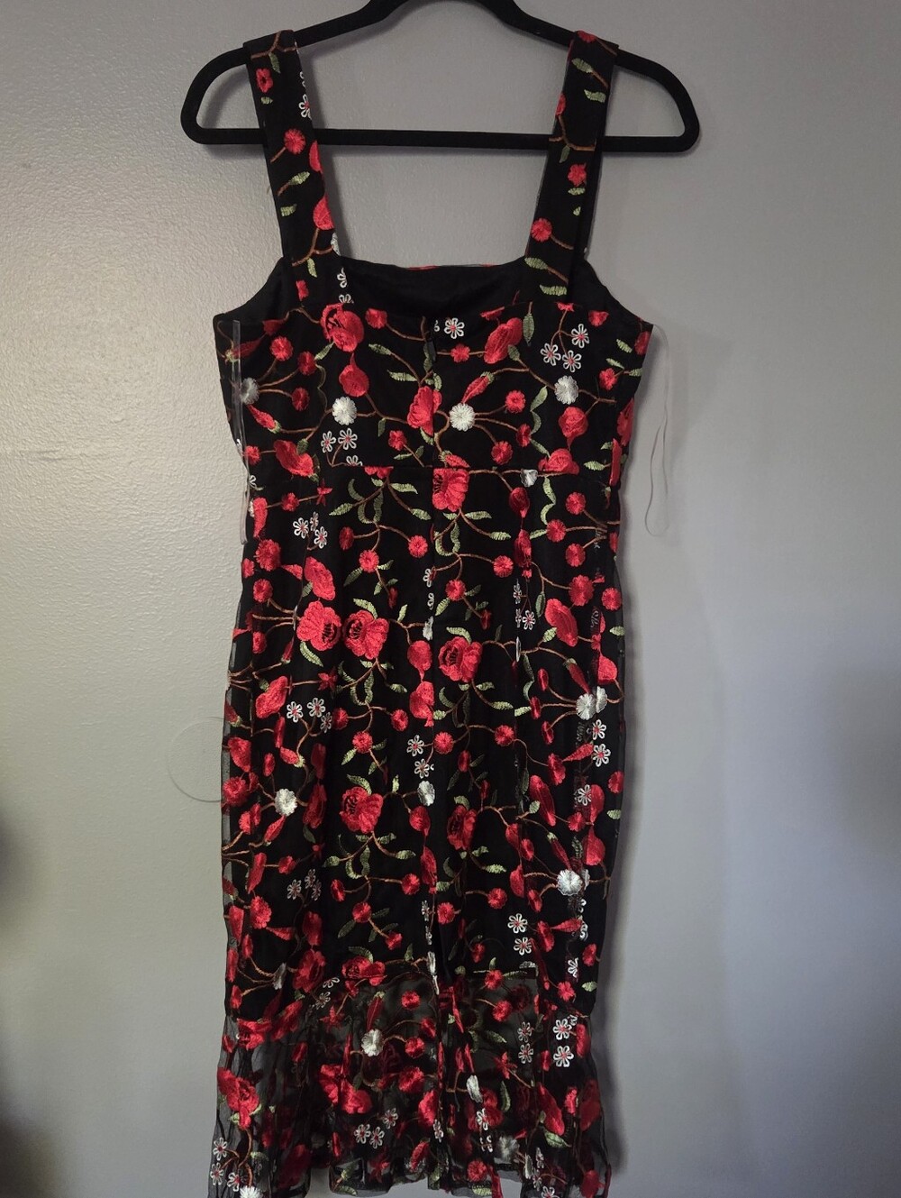 Impressions Women's Black Floral Embroidered Sheer Ruffled Midi Dress Sz M - Picture 6 of 12